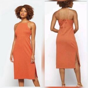 Madewell Crosshatch Apron Cami Halter Midi Leg Slit Dress Terra Cotta Sz M